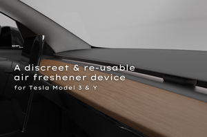 Image of Interior of Tesla Model 3. With text reading 'A discreet & reusable air freshener device"